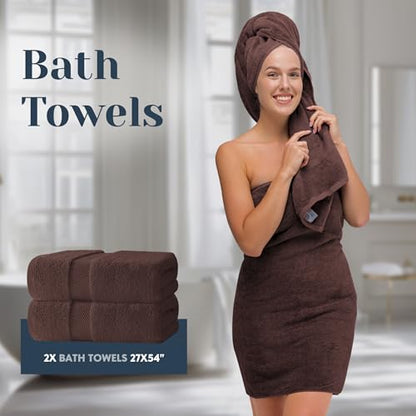 White Classic Luxury Bath Towel Set of 8 Pieces - 100% Turkish Cotton Highly Absorbent Towels for Bathroom, 2 Luxury Bath Towels 700GSM, 2 Hand Towels, 4 Washcloths, Brown - color: 19: Brown