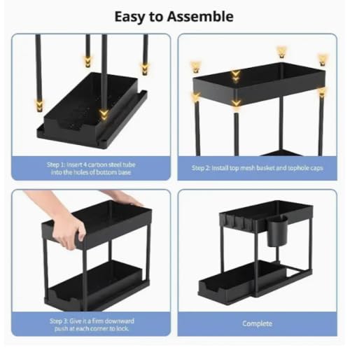 2-Tier Expandable Sink Cabinet Shelf, Stainless Steel Under Sink Organizer, Tool-Free Assembly, Rust-Proof & Heavy-Duty (Black)