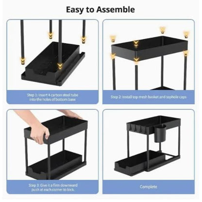 2-Tier Expandable Sink Cabinet Shelf, Stainless Steel Under Sink Organizer, Tool-Free Assembly, Rust-Proof & Heavy-Duty (Black)
