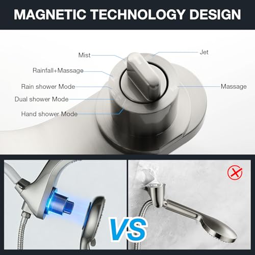 High Pressure Rain Shower Head with Handheld Spray Combo Fixed Showerhead Dual Shower Head Set 10 Sprays Detachable Hand Held Showerheads Built-in Magnetic System Brushed Nickel - color: Brushed Nickel