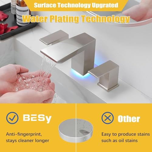 BESy LED Brushed Nickel Square Bathroom Faucets 3 Hole Waterfall 8 Inch Widespread with 3 Colors Light Changing Sink Faucet with Pop-up Drain and Supply Lines 2 Handles for Vanity, Lavatory, Restroom - color: Brushed Nickel