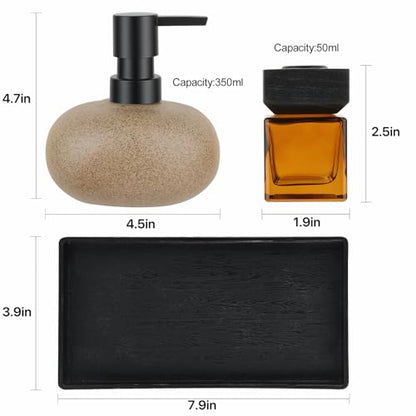 Bathroom Countertop Soap Dispensers Set, 300ml Ceramic Soap Dispenser with Amber Glass Bottle & Black Tray, Brown Ceramic Hand Soap Dispenser for Kitchen and Bathroom Counter - color: Brown