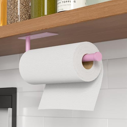 Paper Towel Holder Under Cabinet, Self-Adhesive,No Drilling, Stainless Steel, Wall-Mounted for Kitchen and Bathroom, Easy Install, Durable, Space-Saving, Ideal for Home, RV (Pink, 1 Pack) - color: Pink