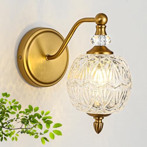 1 Piece Vintage Wall Sconce, 1-Light Mid Century Matte Brass Finish Wall Sconce with Globe Glass Shade, Retro Light for Bathroom, Bedroom, Living Room,Powder Room - color: Brass, size: 1 Light