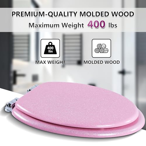 Angol Shiold Glitter Toilet Seat Molded Wood Elongated Toilet Seat with Quietly Close and Quick Release Hinges, Easy to Clean also Easy to Install (Elongated 18.5'', Pink) - color: Pink, size: Elongated 18.5‘’