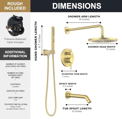 Lava Odoro Modern 3-Setting Round Rain Bathtub and Shower Faucet Set, Gold Rainfall Shower Head and Handle Set, Rain Shower System with Tub Spout, Shower Valve Trim Kit, Brushed Gold, SF104-SG-T - color: Brushed Gold, style: With Tub Spout