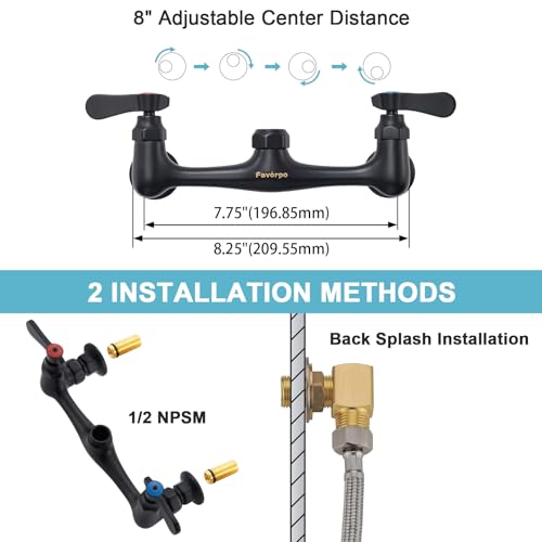 Wall Mount Commercial Sink Kitchen Faucet 8 Inch Adjustable Center | 8 Inch 360 Swivel Spout, Lead-free Brass, For Restaurant Laundry Utility Room, Easy to Install, CUPC NSF Certified - color: Brushed, size: 8 Inch Spout