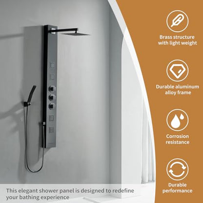 Rainfall Shower Tower Shower Wall Panels, Stainless Steel Shower Panel with 4 Body Jets Massage and Adjustable Head, Tub Spout Column Wall Mount, Black