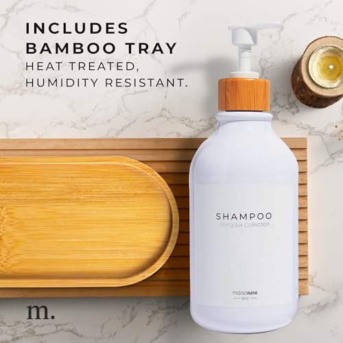 MaisoNovo Soap Dispenser Bathroom Set of 2-16.9 oz Bathroom Soap Dispenser Set - White Plastic Bottles x 2 with White Bamboo Pumps & Tray - color: White Bottles White Pumps
