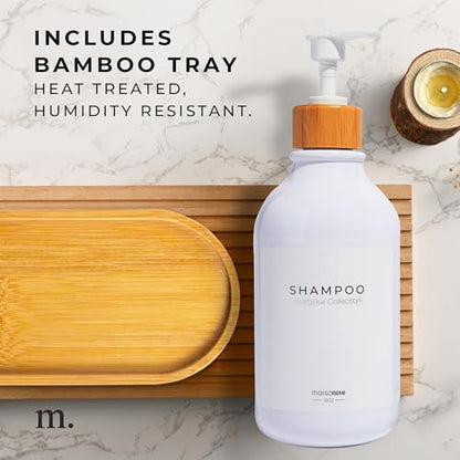 MaisoNovo Soap Dispenser Bathroom Set of 2-16.9 oz Bathroom Soap Dispenser Set - White Plastic Bottles x 2 with White Bamboo Pumps & Tray - color: White Bottles White Pumps