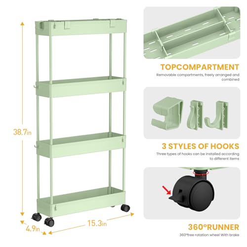 Slim Storage Cart 4 Tier,Bathroom Organizer Rolling Utility,Mobile Shelving Unit Slide Out for Office, Kitchen, Laundry Room & Narrow Places，Green - color: Green