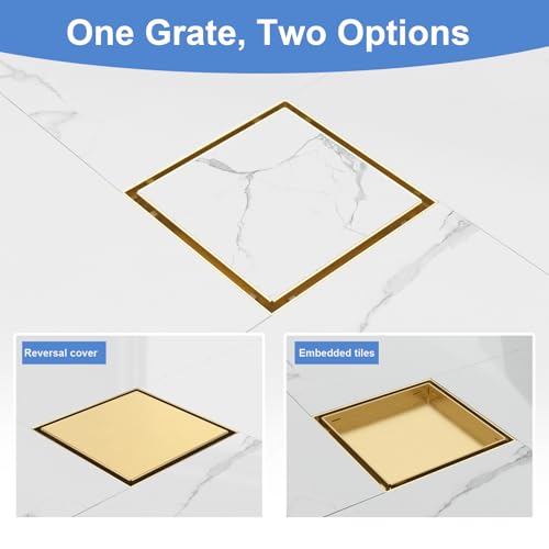6 Inch Square Shower Drain-Brushed Gold, with Tile Insert Grate | AISI 304 Stainless Steel Shower Drain, Shower Floor Drain with Hair Catcher, Fits Bathroom, Balcony - color: Brushed Gold, size: 6 Inch