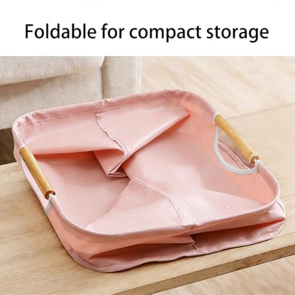 Collapsible Laundry Hamper Bag with Wooden Handles - 36L/8 Gallon Capacity Waterproof Oxford Cloth Storage Basket, Freestanding No Wire Frame, for Dorm Room, Bedroom, Bathroom (Small-Pink) - size: Small-Pink