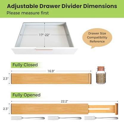 Fyvva Drawer Organizer, Spring-Loaded Expandable Bamboo Dividers 4-Pack | Large Kitchen Drawer Organizer, Adjustable 16.9 to 22.2 in, 2.3in High Non Slip for Kitchen Clothes Bathroom Office Natural - size: 4 Pack Large