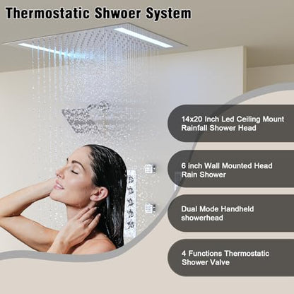 Thermostatic Shower System with 14x20 Inch Ceiling Mount LED Head & 6 Inch Wall Head and Handheld Shower 4 Function Vale with body jets Can All Run Together,Polished Chrome - color: Polished Chrome, style: 14x20 led+6 jets