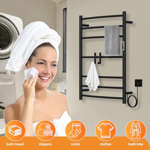 Electric Towel Warmer,8-Hour Timer and Multi-Stage Temperature Adjustment Wall Mounted Towel Rack,Plug-in/Hardwired Stainless Steel Heated Towel bar with 2 Hooks Bathroom SPA(Black, 7-Bar)