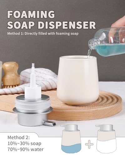 Bosilunlife 12Oz Ceramic Foam Soap Dispenser for Bathroom Kitchen Counter | Premium countertop foam pump creates delicate dense foam, stable desktop placement,Beige with Silver - color: Beige With Silver Pump