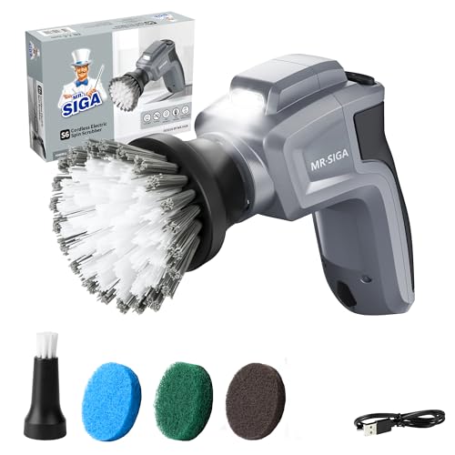 MR.SIGA Electric Spin Scrubber for Kitchen and Bathroom Cleaning | Waterproof rechargeable cordless spin scrubber with 5 replaceable cleaning brushes and scouring pads
