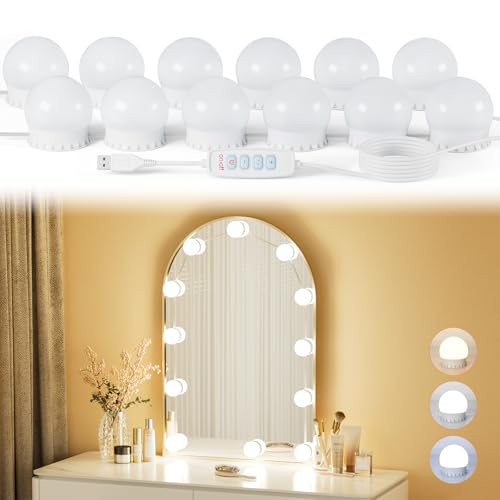 12 Bulbs LED Vanity Lights for Mirror, 3000K 4000K 6500K & 10-Brightness, Wire Length Adjustable, USB Cable, Hollywood Mirror Lights for Makeup Dressing Room Bathroom, White - size: 12 Dimmable Bulbs