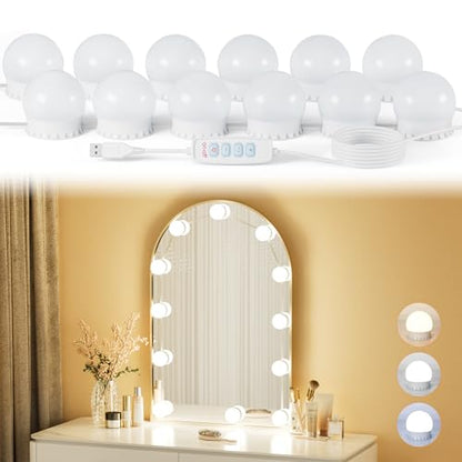 12 Bulbs LED Vanity Lights for Mirror, 3000K 4000K 6500K & 10-Brightness, Wire Length Adjustable, USB Cable, Hollywood Mirror Lights for Makeup Dressing Room Bathroom, White - size: 12 Dimmable Bulbs
