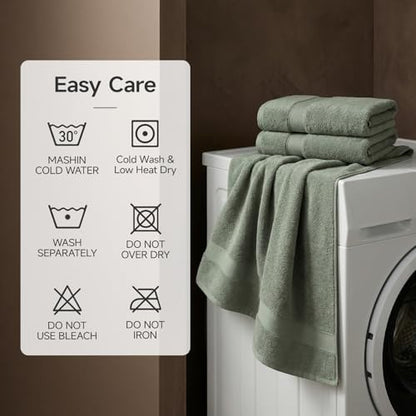 REDKISS Bath Towels 4-Pack, 100% Cotton, Thick Plush & Highly Absorbent, 27.5" x 55" for Shower, Spa & Home - color: Gray Green