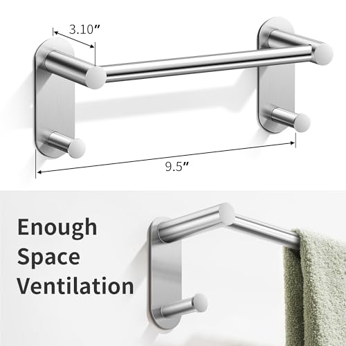 9 Inch Adhesive Towel Bar - Stainless Steel Stick on Towel Rack for Bathroom, No Drilling Towel Holder with 2 Hooks, Brushed Nickel - color: Brushed Nickel, size: 9 inch