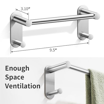 9 Inch Adhesive Towel Bar - Stainless Steel Stick on Towel Rack for Bathroom, No Drilling Towel Holder with 2 Hooks, Brushed Nickel - color: Brushed Nickel, size: 9 inch