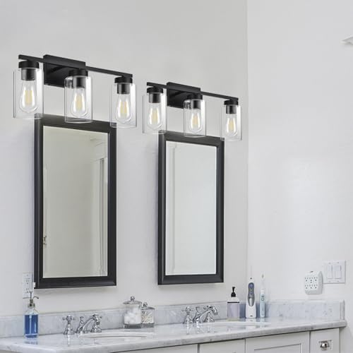 3-Light Bathroom Vanity Light, Modern Black Wall Lights with Clear Glass Shades, Bathroom Wall Sconce Lamp for Mirror Living Room Bedroom Hallway - color: 3 Light Black-Small