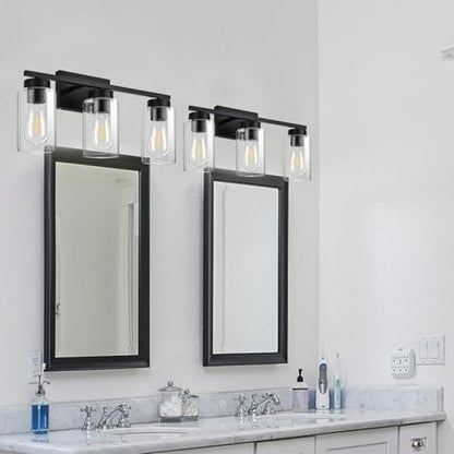 3-Light Bathroom Vanity Light, Modern Black Wall Lights with Clear Glass Shades, Bathroom Wall Sconce Lamp for Mirror Living Room Bedroom Hallway - color: 3 Light Black-Small