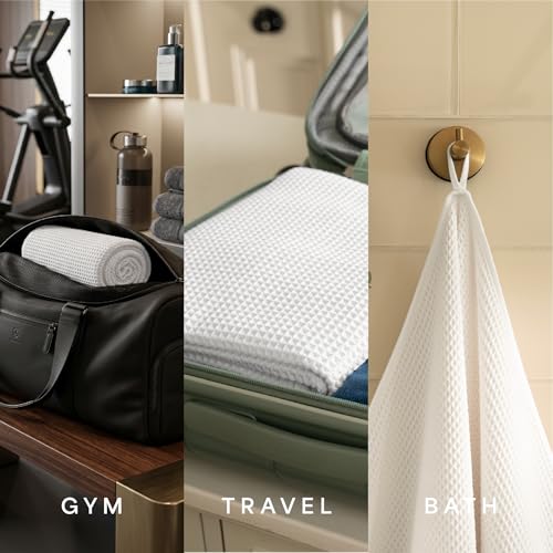 S&T INC. Aura Waffle Bath Towels, 4 Pack, 30" x 60", White | Quick-Dry, 420GSM, Absorbent Microfiber, Lightweight, Sewn-In Hang Loop, Compact for Home, Gym, and Travel - color: White