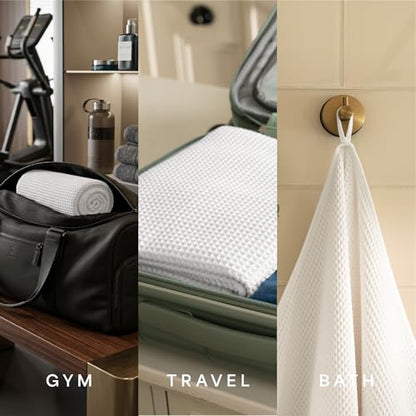 S&T INC. Aura Waffle Bath Towels, 4 Pack, 30" x 60", White | Quick-Dry, 420GSM, Absorbent Microfiber, Lightweight, Sewn-In Hang Loop, Compact for Home, Gym, and Travel - color: White