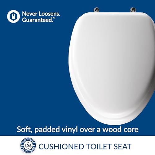 Mayfair Padded Toilet Seat with Chrome Hinges, Soft Vinyl over Wood Core Seat, Made in USA, Elongated, White - size: Elongated