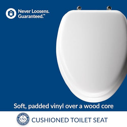 Mayfair Padded Toilet Seat with Chrome Hinges, Soft Vinyl over Wood Core Seat, Made in USA, Elongated, White - size: Elongated