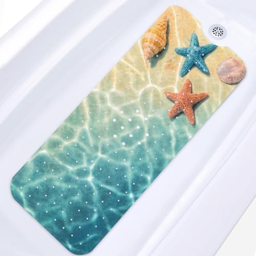 Bath Mat for Tub, Blue Seashell, 40 X 16 Inch, for Bathtub | Summer Beach Starfish Extra Long Tub with Suction Cups and Drain Holes for Kids Adults Elderly - color: Underwater Ocean Starfish