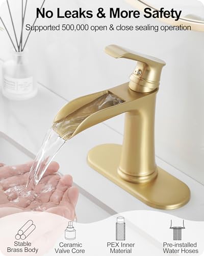 Waterfall Faucet, Brass Gold Bathroom Faucet 1 Hole, 1 Handle Bathroom Faucets for Sink 3 Hole (4 Inch) with Pop-up Drain, Hoses & Deck Plate - color: Brushed Gold-Noble