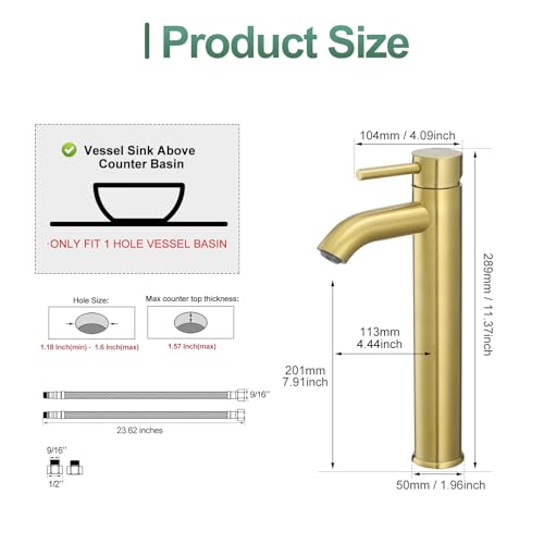 VOTON Vessel Sink Faucet Brushed Gold Tall Bathroom Faucets Single Handle One Hole Rv Vanity Lavatory Bathroom Sink Faucet - color: T-Brushed Gold, size: Tall