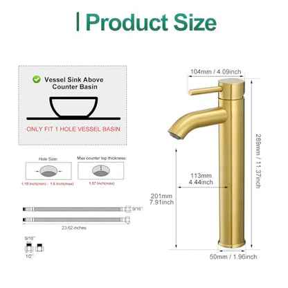 VOTON Vessel Sink Faucet Brushed Gold Tall Bathroom Faucets Single Handle One Hole Rv Vanity Lavatory Bathroom Sink Faucet - color: T-Brushed Gold, size: Tall