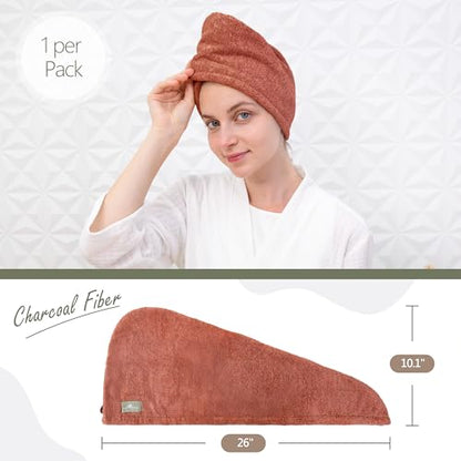 myHomeBody Hair Towel Wrap, Quick Drying Turban, Absorbent Cap – Cinnamon | Hair Turban Towel for wet hair, Ultra Soft Charcoal Fiber Cap, Towel Head Wrap for bathing with Coconut Shell Button - color: Cinnamon