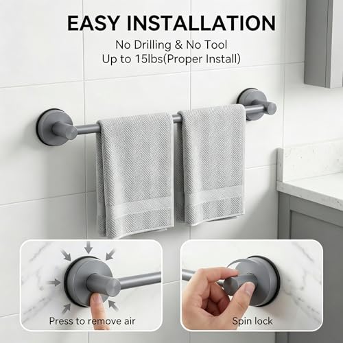 Suction Cup Towel Bar for Bathroom, Adjustable 14.6-24 inch | No Drill Towel Rack, Heavy Duty Stainless Steel Wall Mounted Towel Holder (Grey) - color: Grey