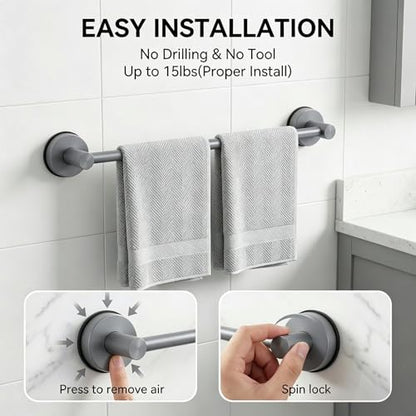 Suction Cup Towel Bar for Bathroom, Adjustable 14.6-24 inch | No Drill Towel Rack, Heavy Duty Stainless Steel Wall Mounted Towel Holder (Grey) - color: Grey