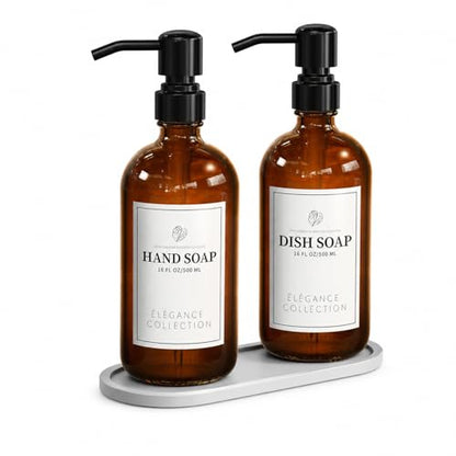 Fachixy Amber Glass Soap Dispenser 2 Pack, 16 Fl Oz, 14 Waterproof Labels | Leak-Resistant Stainless Steel Pump, Non-Slip Pad, Hand & Dish Soap Dispenser Bottles Set for Kitchen and Bathroom - color: Brown