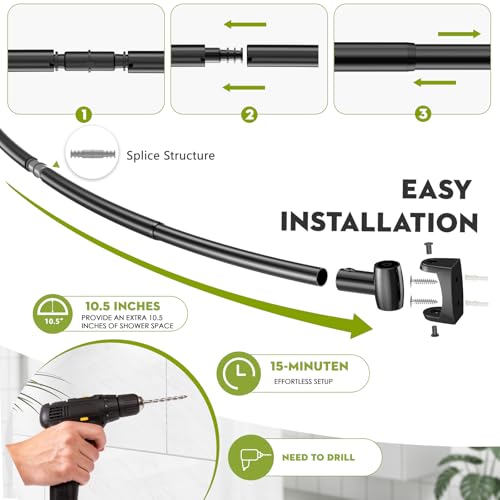 Curved Shower Curtain Rod， Adjustable 33-78 Inches Matte Black All Stainless Steel Curved Shower Rod，Shower Curtain Rod for Extra Shower Space for Bathroom, Bathtub, Stall, No Rust, Need to Drill - color: Black