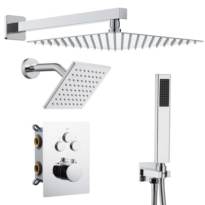 Thermostatic Shower System, Dual Rainfall Shower Faucet(Chrome) | 12 Inch Shower Head, 6 Inch Wall Mount Head, High Pressure Handheld Sprayer, Push Button Valve - color: Polished Chrome
