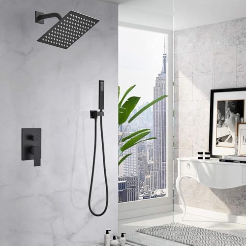 Matte Black Shower System Bathroom Rainfall Shower Faucet Set Complete Wall Mounted 8 Inch Shower Head and Handle Set with Rough-in Valve Body and Trim Kit - color: Matte Black, size: 8 Inch
