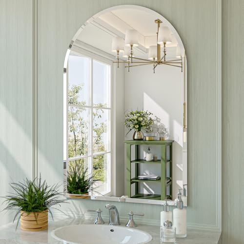 Frameless Bathroom Mirror, 24"x36" Beveled Arched Vanity Mirrors | Frameless, 15mm beveled edge, 5mm HD glass, anti-rust, french cleat, wall mounted, for bathroom/bedroom/entryway - size: 24"L x 36"W