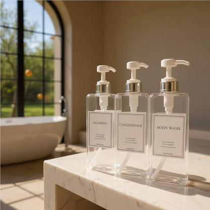 Modern Design Shampoo and Conditioner Dispenser, Large 27oz Shower Soap Dispenser, Set of 3 Refillable Empty Plastic Pump Bottles for Bathroom, 6 Waterproof Labels Included, (Clear & Silver) - color: Clear & Silver