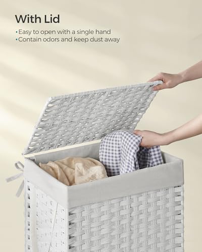 SONGMICS Laundry Hamper with Lid, 23.8 Gallon (90 L) Synthetic Rattan Clothes Laundry Basket with Lid and Handles, Foldable, Removable Liner, Cloud White ULCB51WT - color: Cloud White, size: 90 L