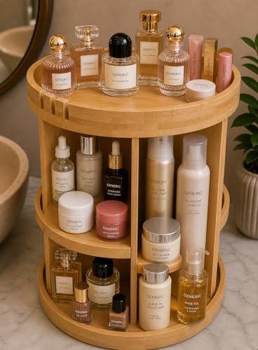 Bamboo Rotating Makeup Organizer with Adjustable Shelves - Round, Multipurpose Storage 360° Carousel for Vanity, Bathroom, Kitchen Countertop, Bedroom, Desk