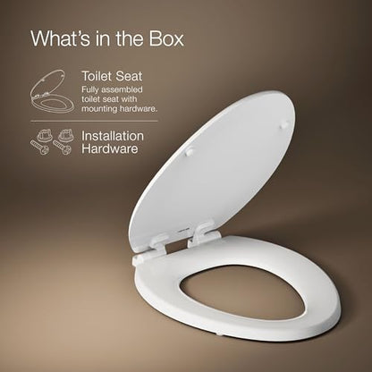 KOHLER 20454-0 Ridgewood Elongated Soft Close Toilet Seat, Quiet Close, Wood Toilet Seat, Home Essentials, White - color: White