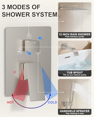 Brushed Nickel Shower System with Tub Spout, Wall Mounted Bathtub Shower Faucet Set, 12" Rainfall Shower Head and Handheld Shower Combo, High Pressure Shower Fixtures Set with Rough-in Valve - color: Brushed Nickel, style: 12" Wall Mounted Shower System w